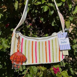 NWT Made in India Jellyfish White Pink Orange Green Yellow Striped Beaded Bag